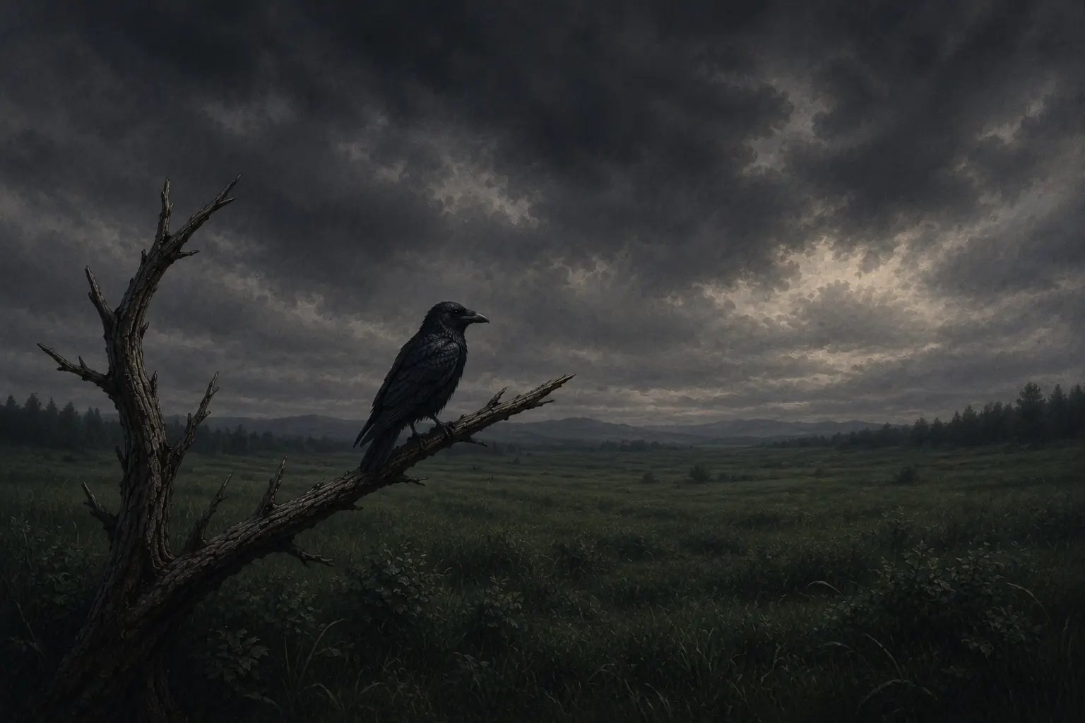 Crows gathered in a stark landscape